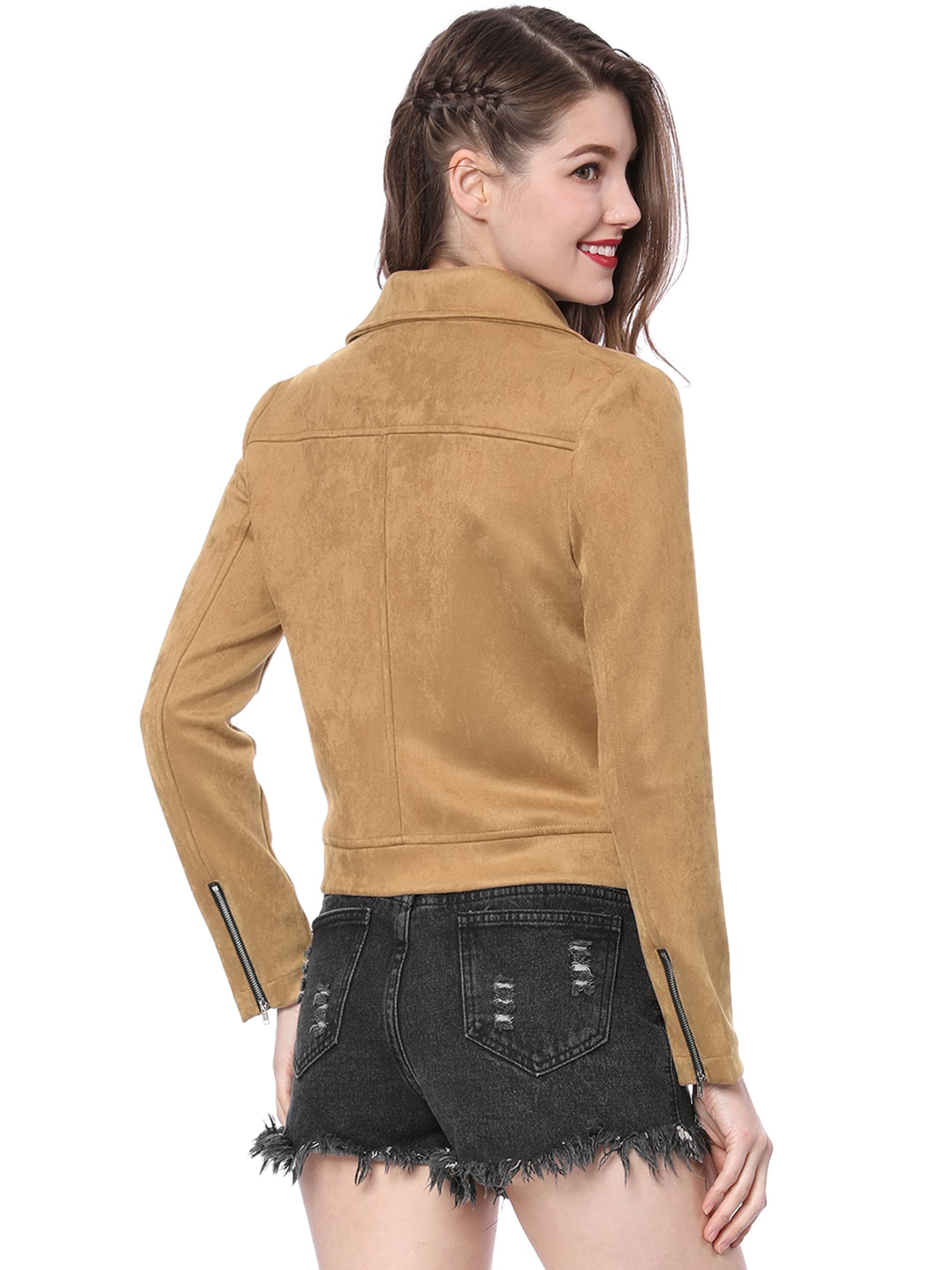 Allegra K Faux Suede Casual Short Soft Zip Up Biker Moto Jacket