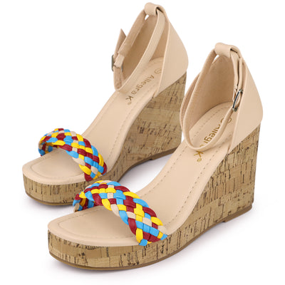 Platform Woven Strap Braided Wood Wedge Heel Sandals