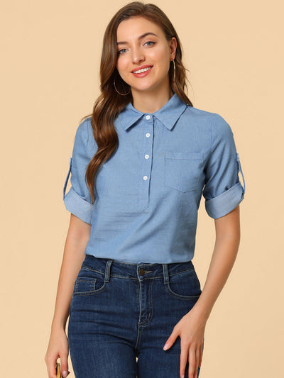 Half Button Front Casual 3/4 Roll Up Sleeve Chambray Blouse