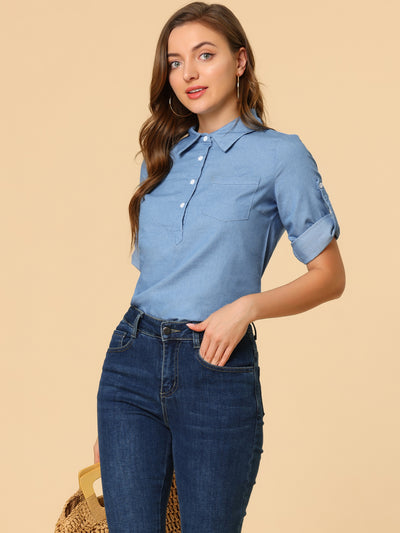 Half Button Front Casual 3/4 Roll Up Sleeve Chambray Blouse