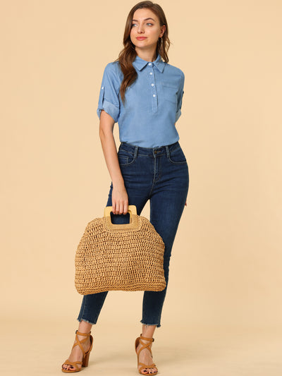 Half Button Front Casual 3/4 Roll Up Sleeve Chambray Blouse