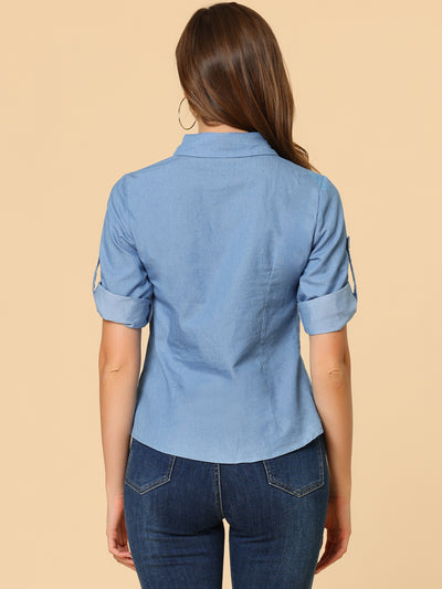 Half Button Front Casual 3/4 Roll Up Sleeve Chambray Blouse