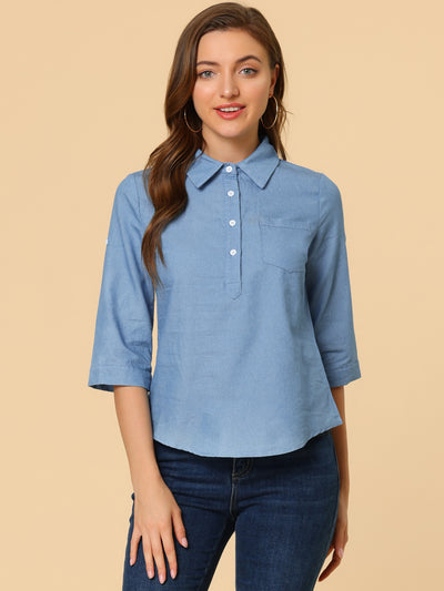 Half Button Front Casual 3/4 Roll Up Sleeve Chambray Blouse