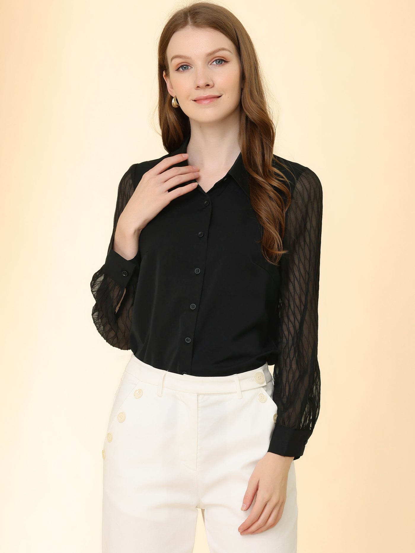 Allegra K Button Down Shirt Sheer Sleeve Point Collar Work Tops