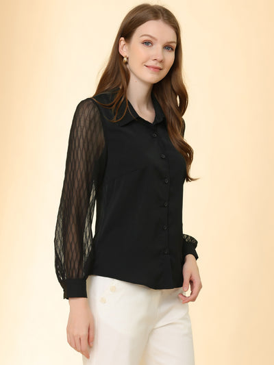 Button Down Shirt Sheer Sleeve Point Collar Work Tops