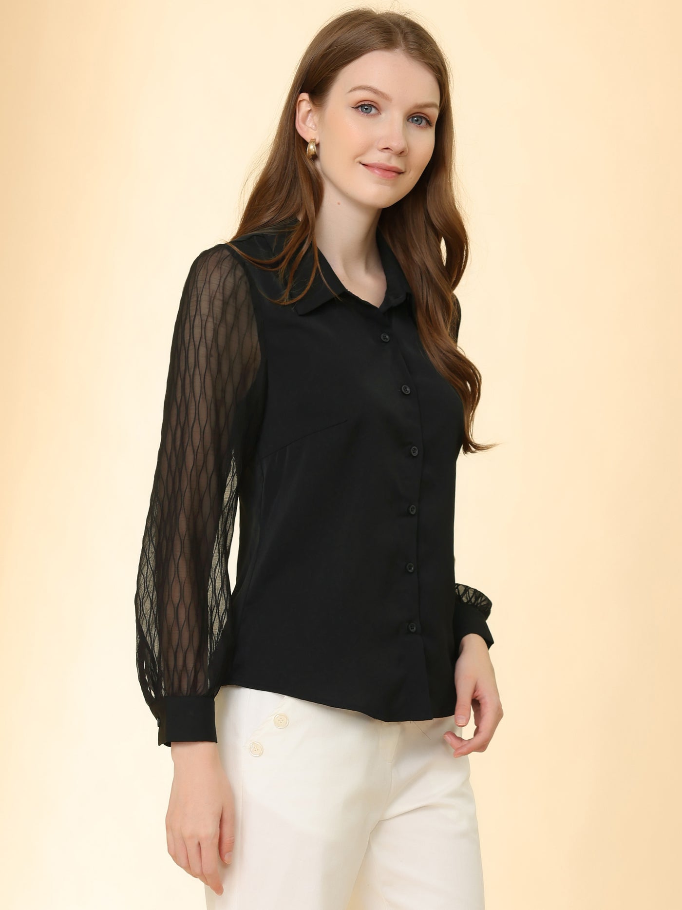 Allegra K Button Down Shirt Sheer Sleeve Point Collar Work Tops