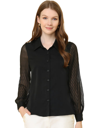 Button Down Shirt Sheer Sleeve Point Collar Work Tops