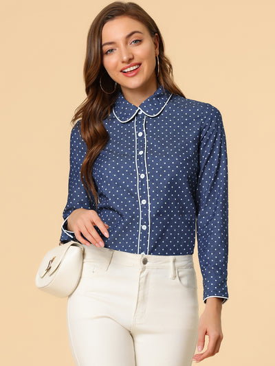 Peter Pan Collar Polka Dots Tops Elegant Button Down Work Denim Shirt