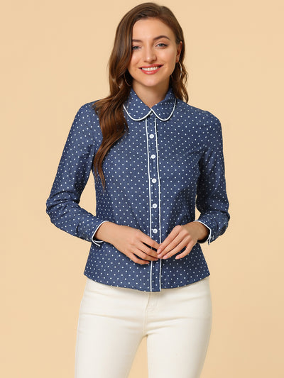 Peter Pan Collar Polka Dots Tops Elegant Button Down Work Denim Shirt