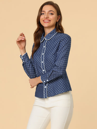 Peter Pan Collar Polka Dots Tops Elegant Button Down Work Denim Shirt