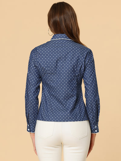 Peter Pan Collar Polka Dots Tops Elegant Button Down Work Denim Shirt