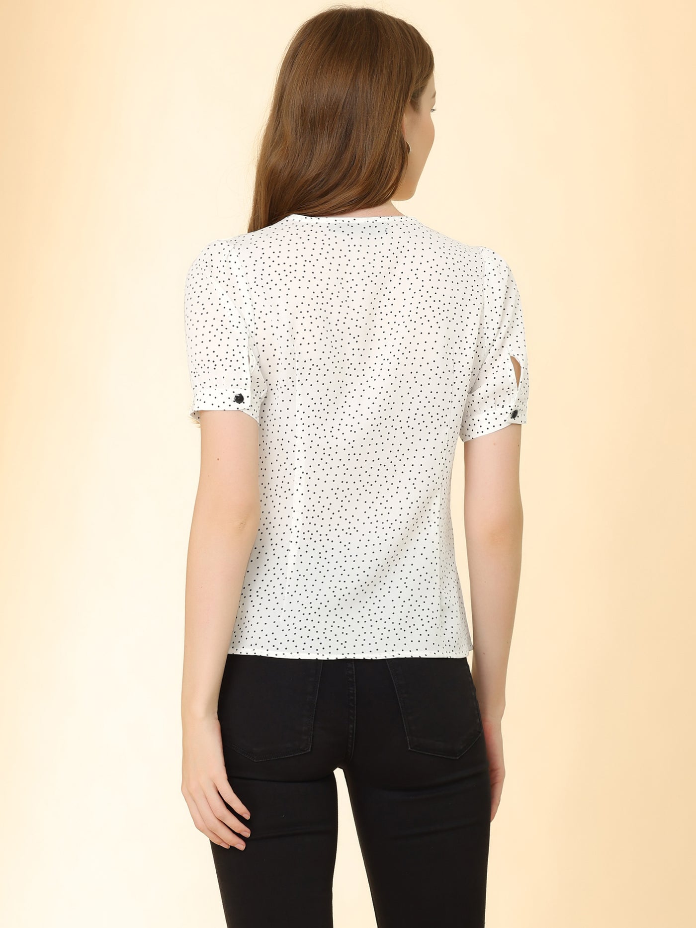 Allegra K Polka Dot Peter Pan Collar Rockabilly Puff Short Sleeve Shirt