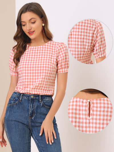 Vintage Blouse Plaid Crew Neck Puff Sleeve Casual Gingham Tops