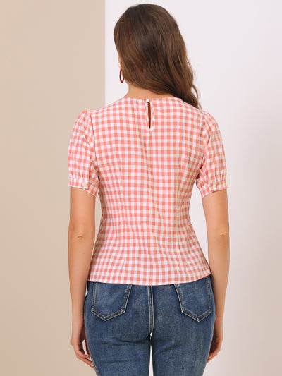 Vintage Blouse Plaid Crew Neck Puff Sleeve Casual Gingham Tops