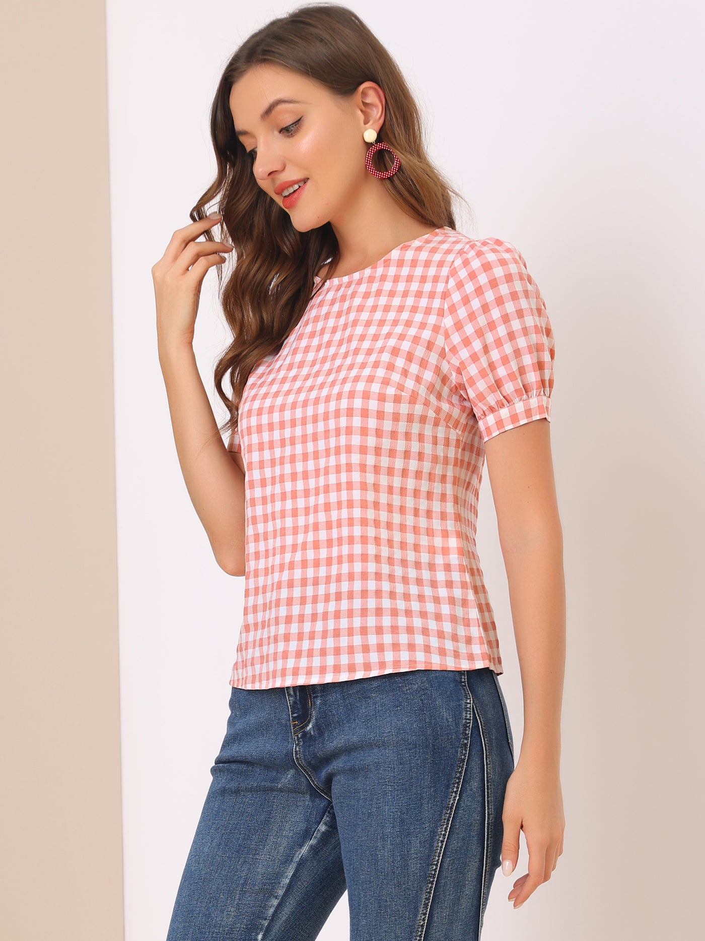 Allegra K Vintage Blouse Plaid Crew Neck Puff Sleeve Casual Gingham Tops