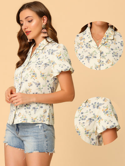 Floral Notched Lapel Summer Casual Button Up Short Sleeve Shirt