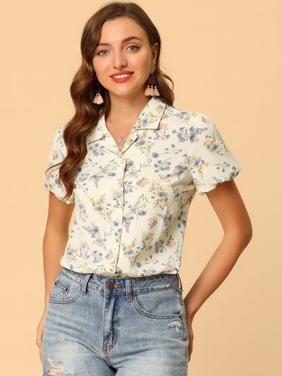 Allegra K Floral Notched Lapel Summer Casual Button Up Short Sleeve Shirt