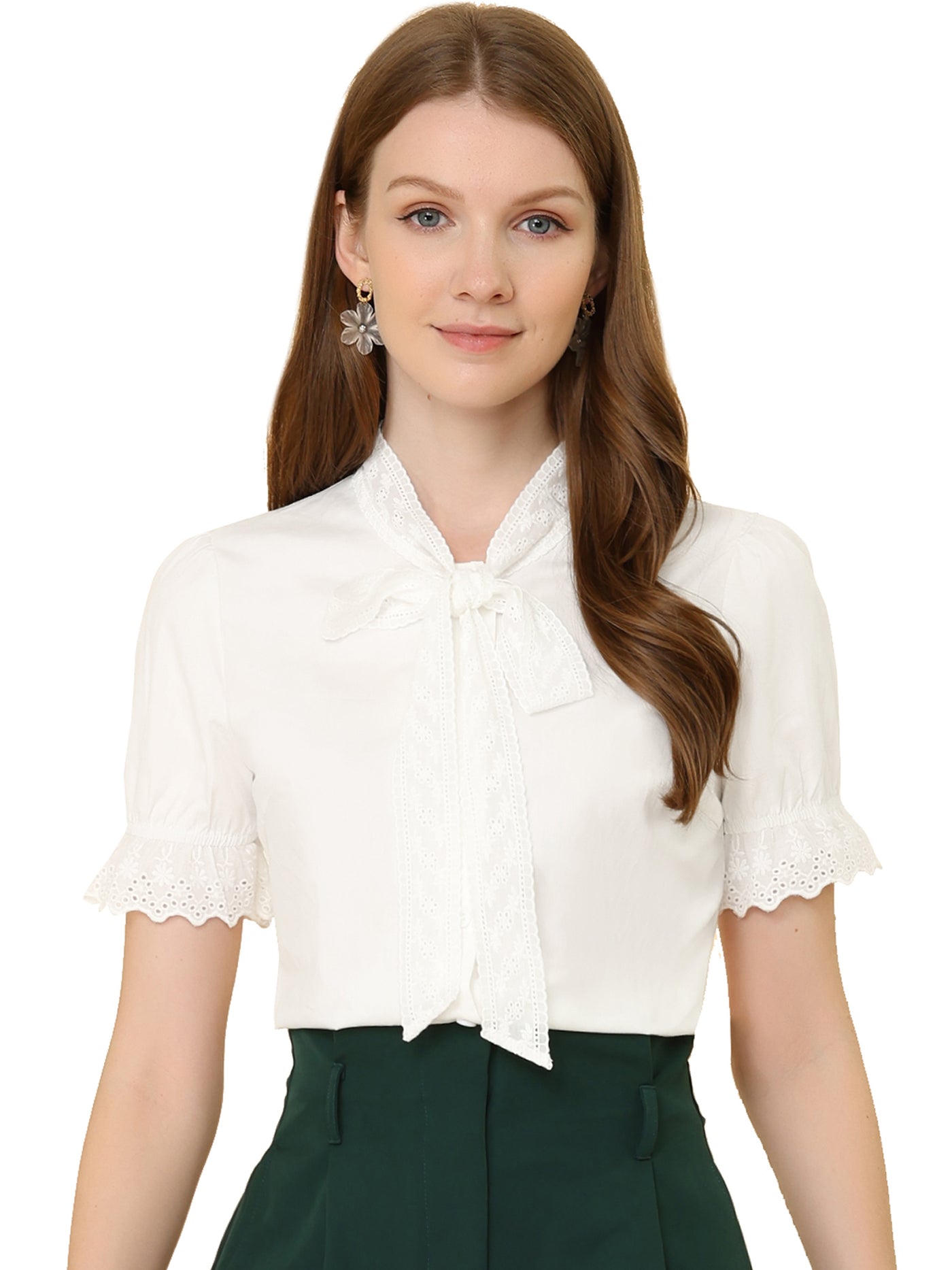 Allegra K Career Office Elegant Button Up Bow Tie Neck Blouse