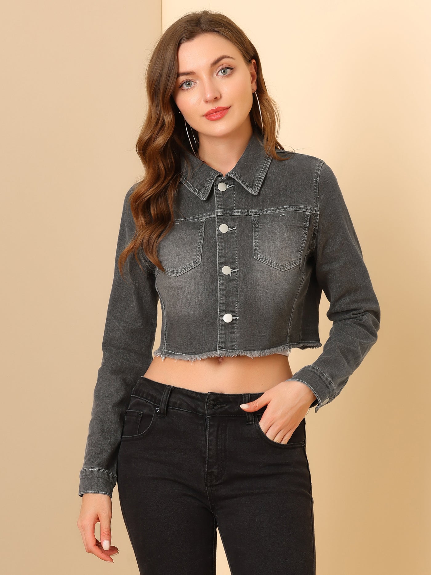 Allegra K Trendy Frayed Button Up Washed Cropped Denim Jacket