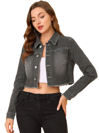 Trendy Frayed Button Up Washed Cropped Denim Jacket