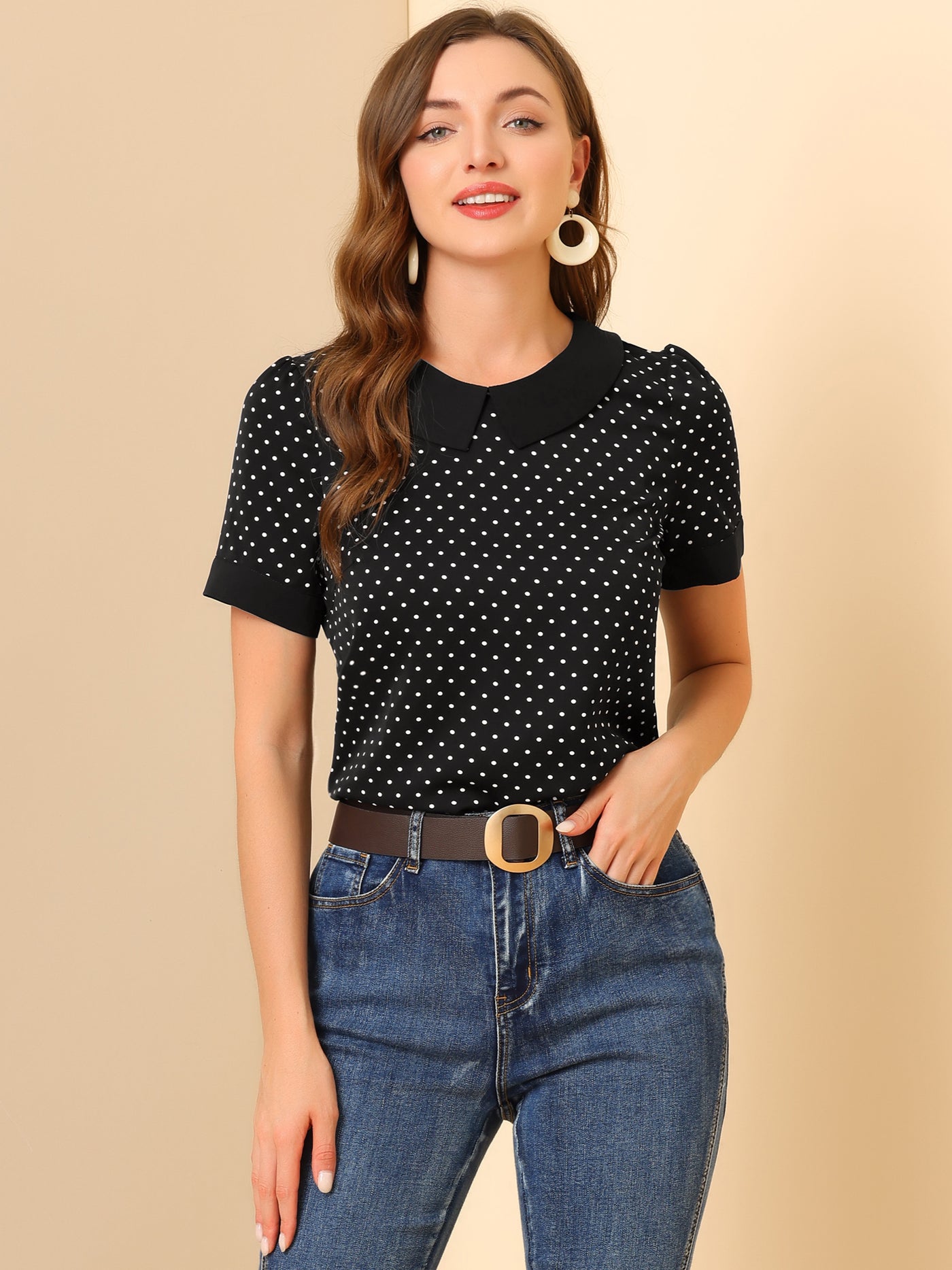 Allegra K Peter Pan Collar Vintage Polka Dots Short Sleeves Blouse