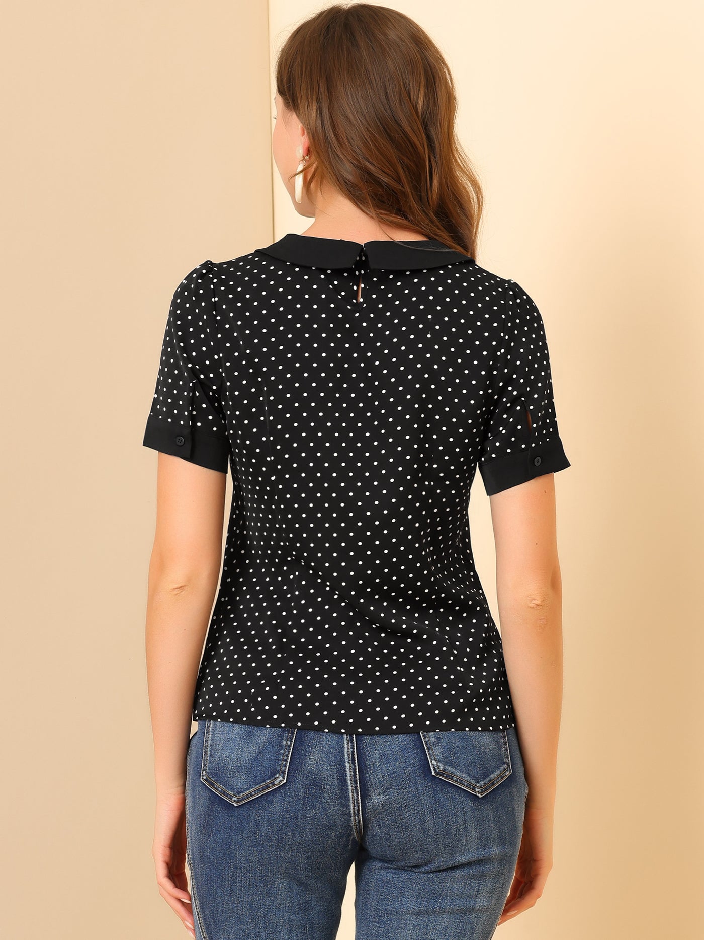 Allegra K Peter Pan Collar Vintage Polka Dots Short Sleeves Blouse