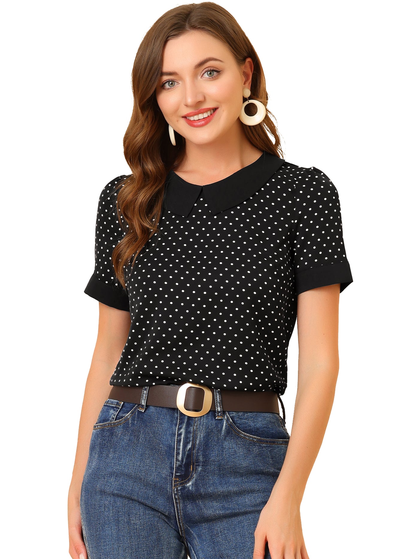 Allegra K Peter Pan Collar Vintage Polka Dots Short Sleeves Blouse