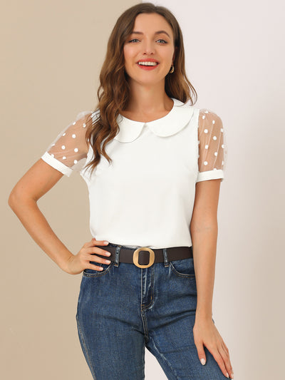 Peter Pan Collar Puff Mesh Short Sleeve Polka Dot Blouse