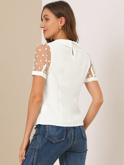 Peter Pan Collar Puff Mesh Short Sleeve Polka Dot Blouse