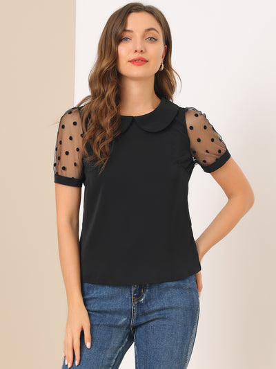 Peter Pan Collar Puff Mesh Short Sleeve Polka Dot Blouse