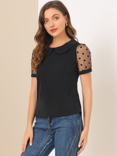 Peter Pan Collar Puff Mesh Short Sleeve Polka Dot Blouse