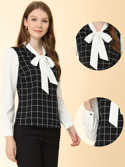 Work Plaid Contrast Color Bow Tie Neck Long Sleeve Blouse