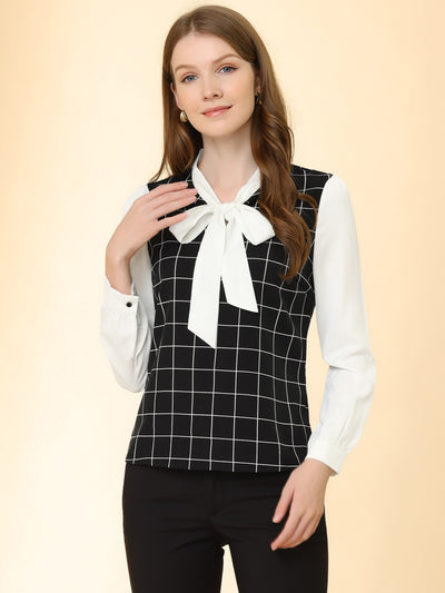 Work Plaid Contrast Color Bow Tie Neck Long Sleeve Blouse