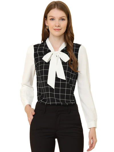 Work Plaid Contrast Color Bow Tie Neck Long Sleeve Blouse