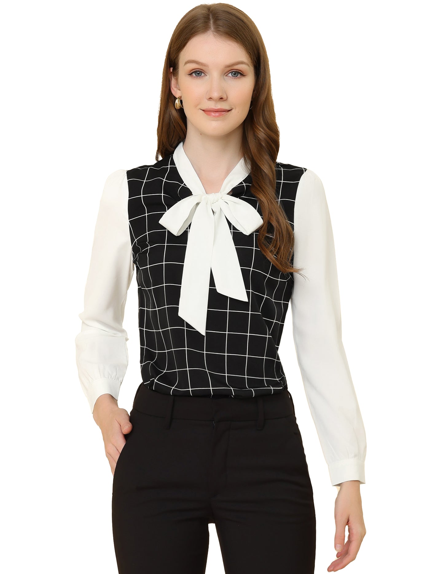 Allegra K Work Plaid Contrast Color Bow Tie Neck Long Sleeve Blouse