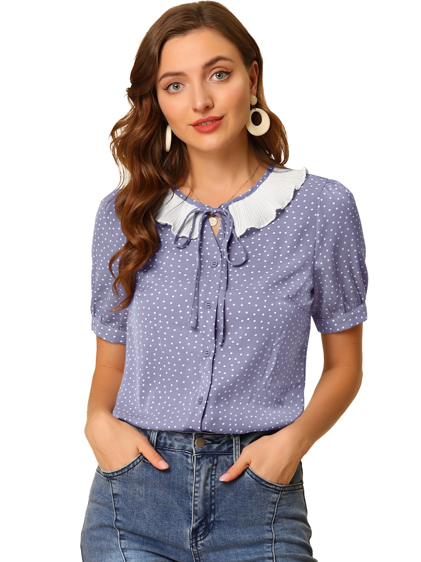 Allegra K Polka Dots Button Up Tie Neck Peter Pan Collar Blouse