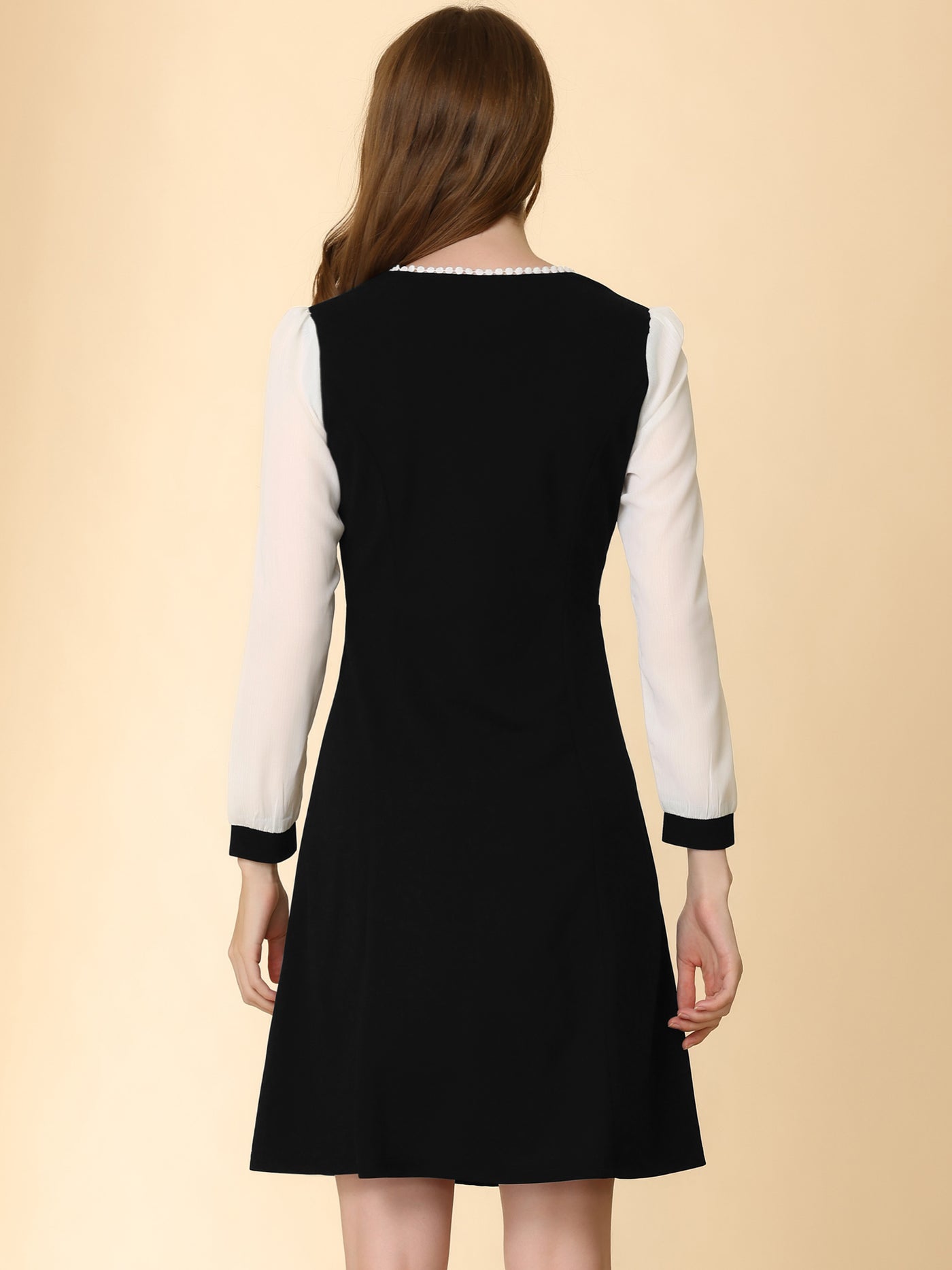 Allegra K A-Line V Neck Long Sleeve Lace Panel Contrast Color Dress