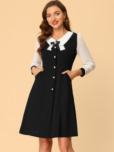 Contrast Collar Bow Tie A-Line Long Sleeve Elegant Button Decor Dress