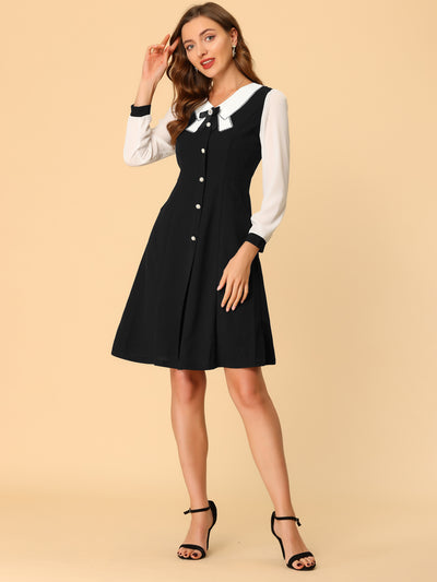 Contrast Collar Bow Tie A-Line Long Sleeve Elegant Button Decor Dress