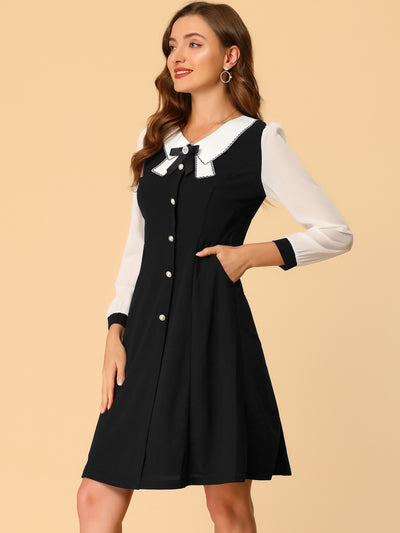 Contrast Collar Bow Tie A-Line Long Sleeve Elegant Button Decor Dress