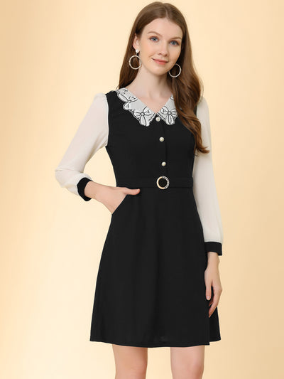 Peter Pan Collar Elegant Contract Panel Pockets A-Line Dress