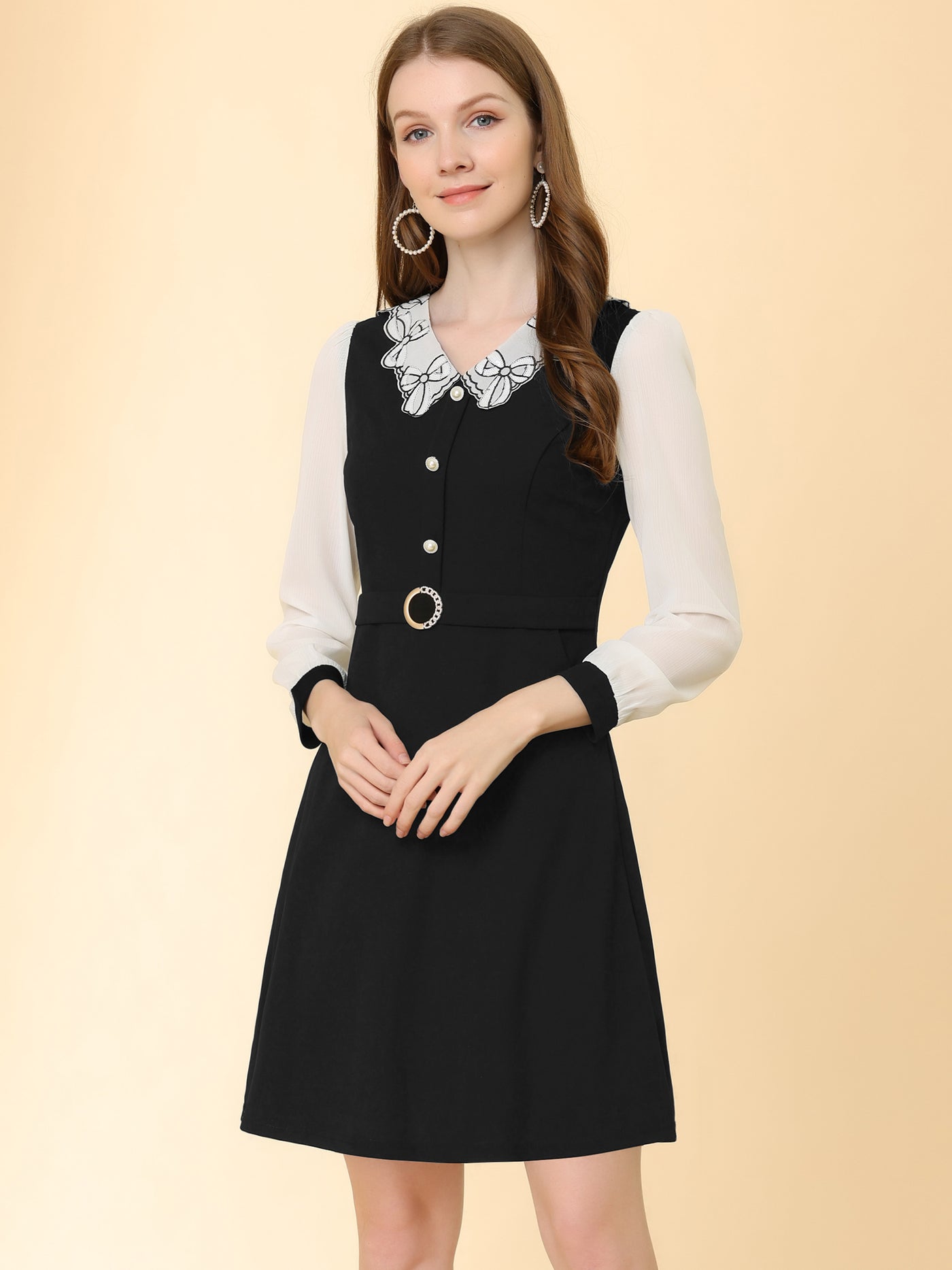 Allegra K Peter Pan Collar Elegant Contract Panel Pockets A-Line Dress