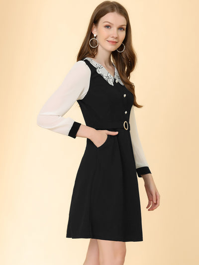 Peter Pan Collar Elegant Contract Panel Pockets A-Line Dress