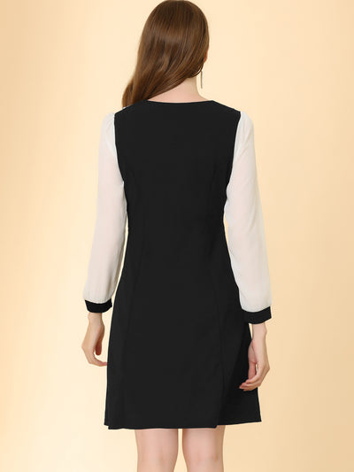 Peter Pan Collar Elegant Contract Panel Pockets A-Line Dress