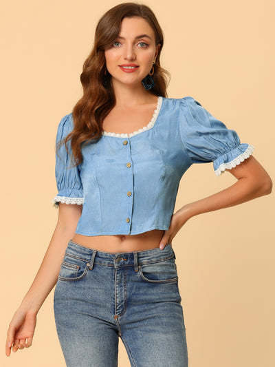 Puff Sleeve Blouse Lace Square Neck Button Down Crop Tops