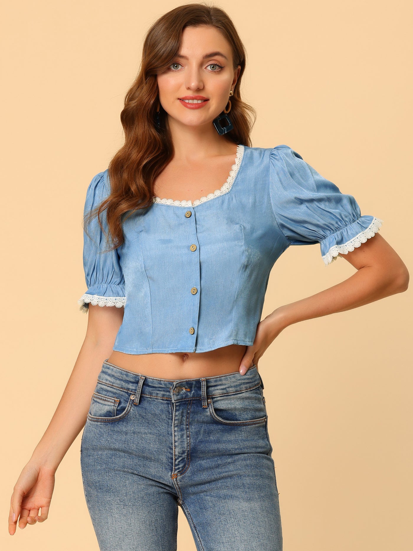 Allegra K Puff Sleeve Blouse Lace Square Neck Button Down Crop Tops