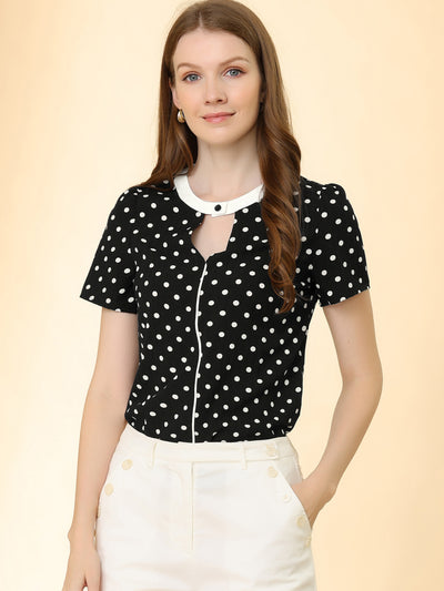 Allegra K Women's Polka Dots Stand Collar Pleat Keyhole Back Short Flare  Sleeve Tops White Black Small