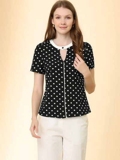 Short Sleeve Contrast Round Neck Keyhole Polka Dot Blouse