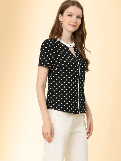 Short Sleeve Contrast Round Neck Keyhole Polka Dot Blouse