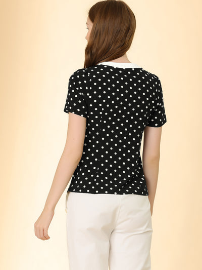 Short Sleeve Contrast Round Neck Keyhole Polka Dot Blouse